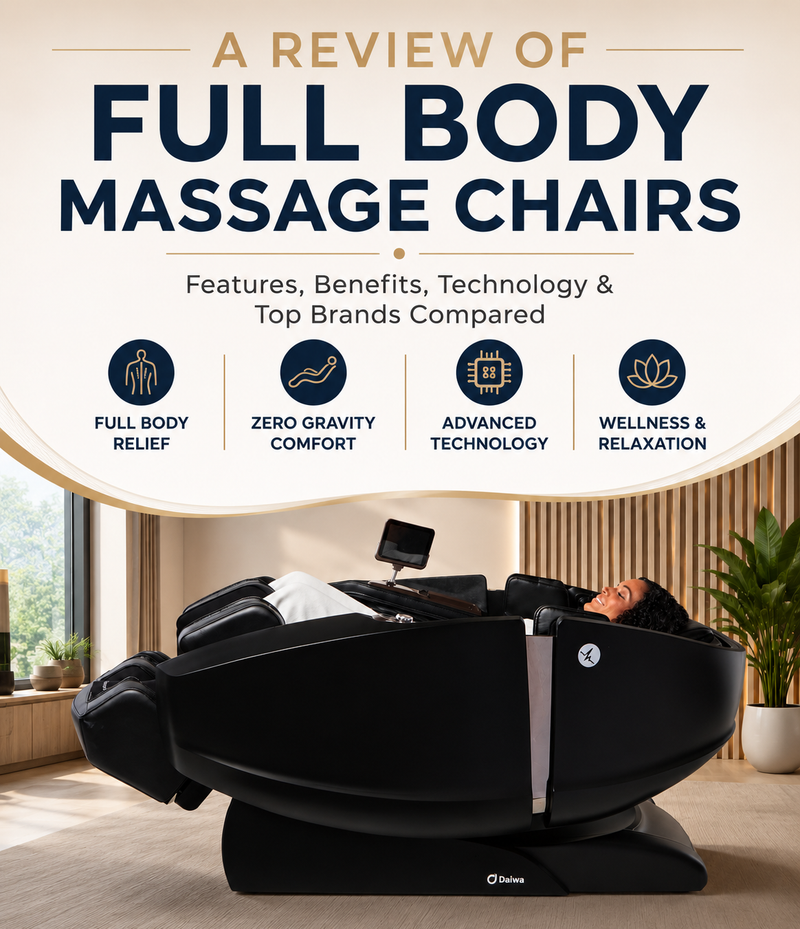 Woman enjoying a relaxing massage in a Daiwa full body massage chair beneath the title "A Review of Full Body Massage Chairs" with icons highlighting advanced massage features.