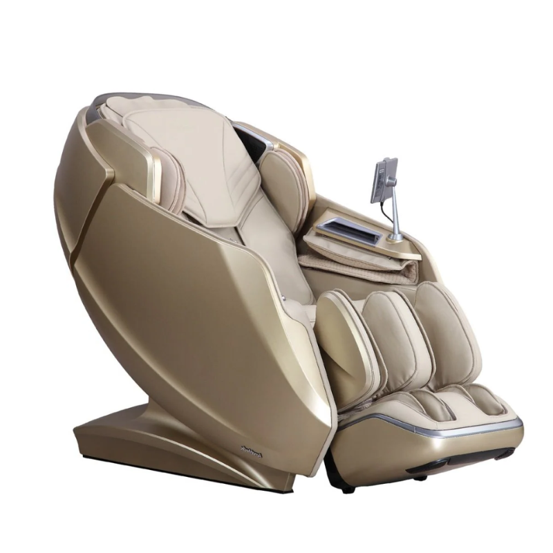 AmaMedic Ai Revive 4D Massage Chair in beige, showcasing a sleek and modern design with plush cushioning, ergonomic contours, and advanced features like an intuitive control panel and zero-gravity recline.