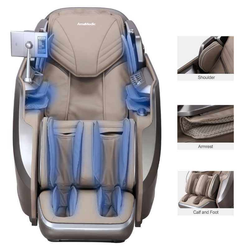 The AmaMedic AI Revive 4D Massage Chair's 20 Cell Full Body Air Massage system, providing targeted compression massage to the arms, legs, and shoulders for enhanced circulation and muscle relief.