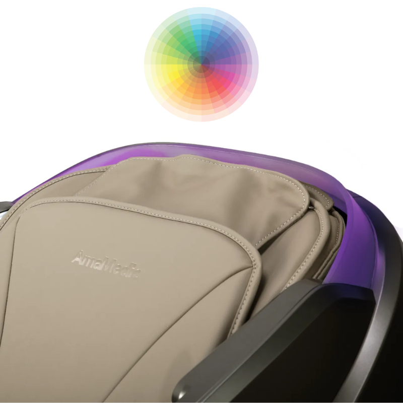 The AmaMedic AI Revive 4D Massage Chair's Custom LED Lighting, featuring adjustable illumination to enhance the relaxation environment with a soothing visual ambiance.