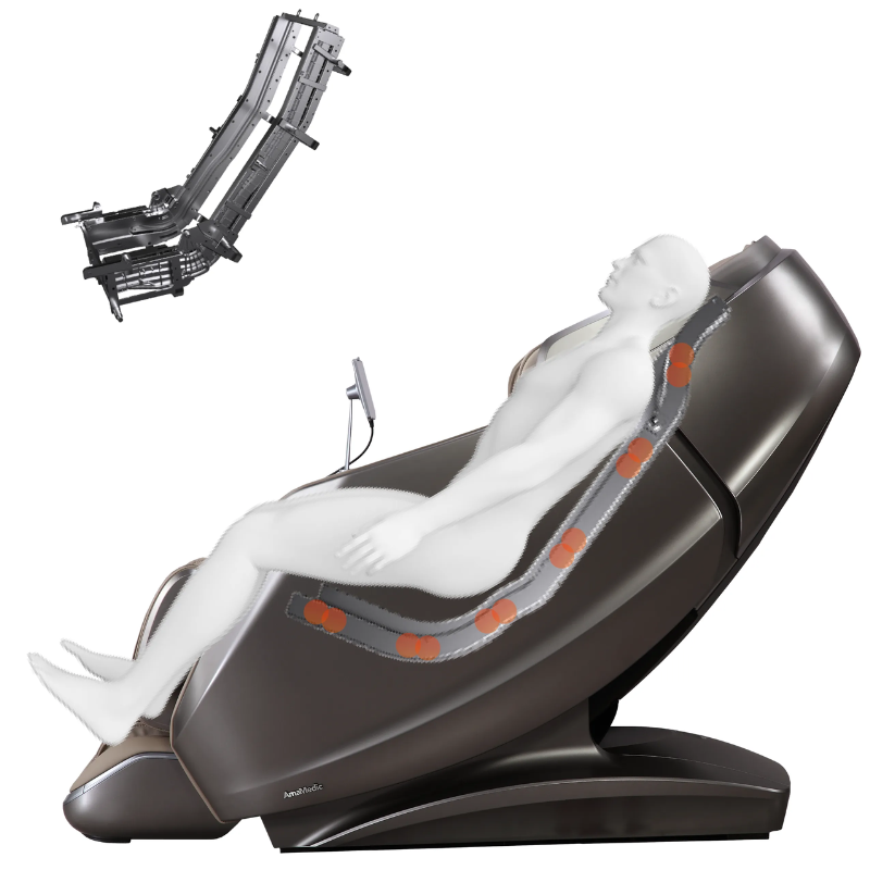 The AmaMedic AI Revive 4D Massage Chair's L-Track rollers, designed to extend from the neck to the glutes, providing thorough and consistent massage coverage along the spine's natural curve.