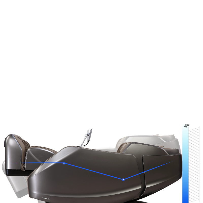 The AmaMedic AI Revive 4D Massage Chair's Zero Gravity and Space Saving features, showcasing the ability to recline into a weightless position while saving space by allowing close placement to walls.