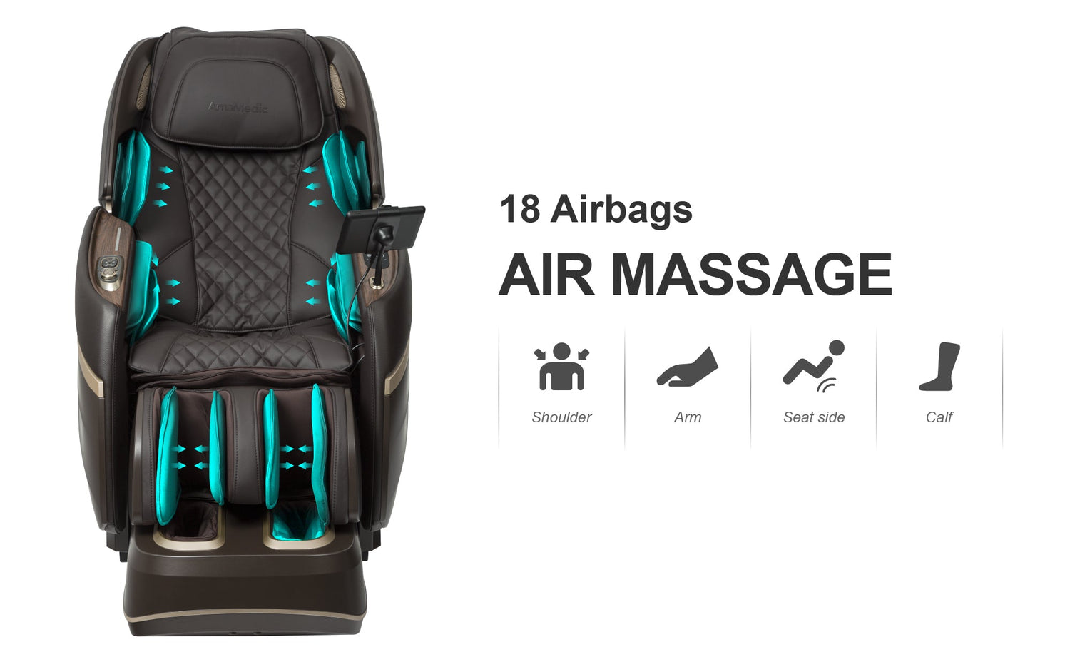 The Amamedic Hilux 4D Massage Chair offers 18 highly advanced airbags that cover more surface area with reliability. 