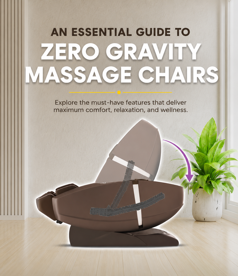 Mobile banner for an essential guide to zero gravity massage chairs featuring a reclining massage chair and key comfort-enhancing features