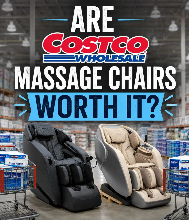 Are Costco Massage Chairs Worth It? Banner featuring two massage chairs displayed in a Costco warehouse setting with shopping carts and bulk merchandise.