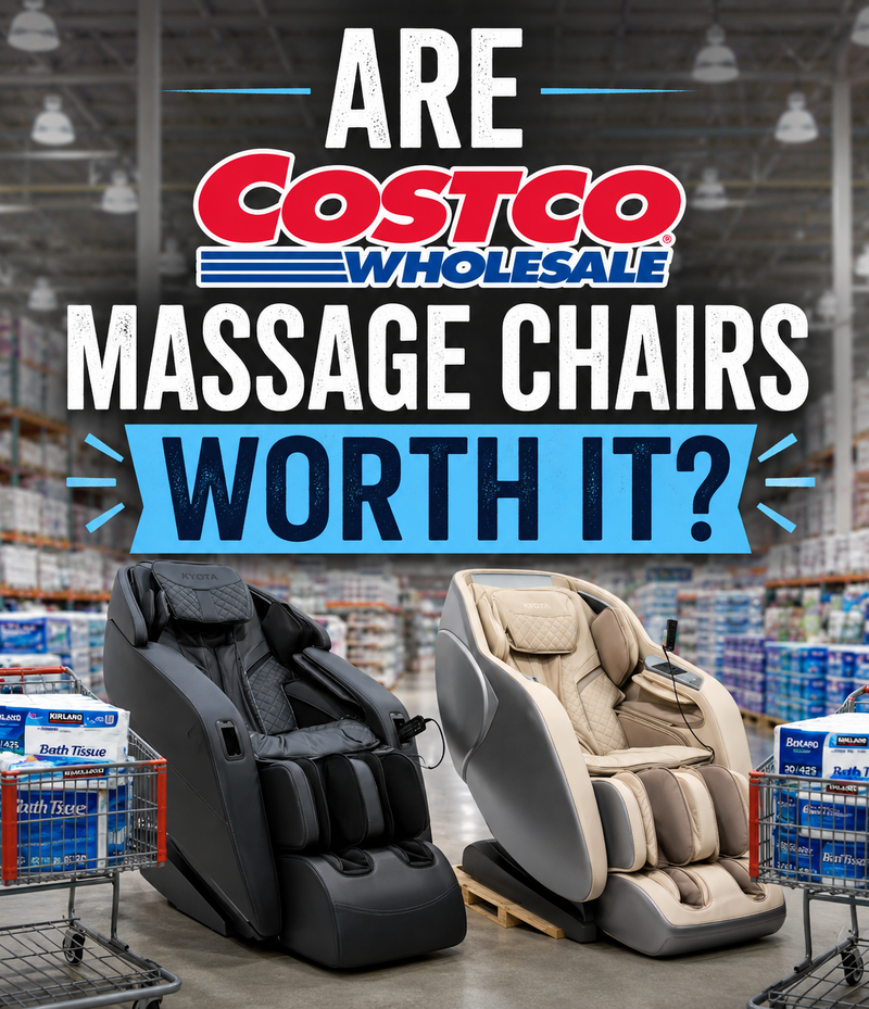 Are Costco Massage Chairs Worth It? Banner featuring two massage chairs displayed in a Costco warehouse setting with shopping carts and bulk merchandise.