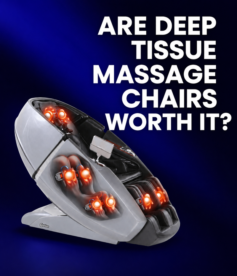 Massage chair with red lights on a dark blue background and text asking if deep tissue massage chairs are worth it.