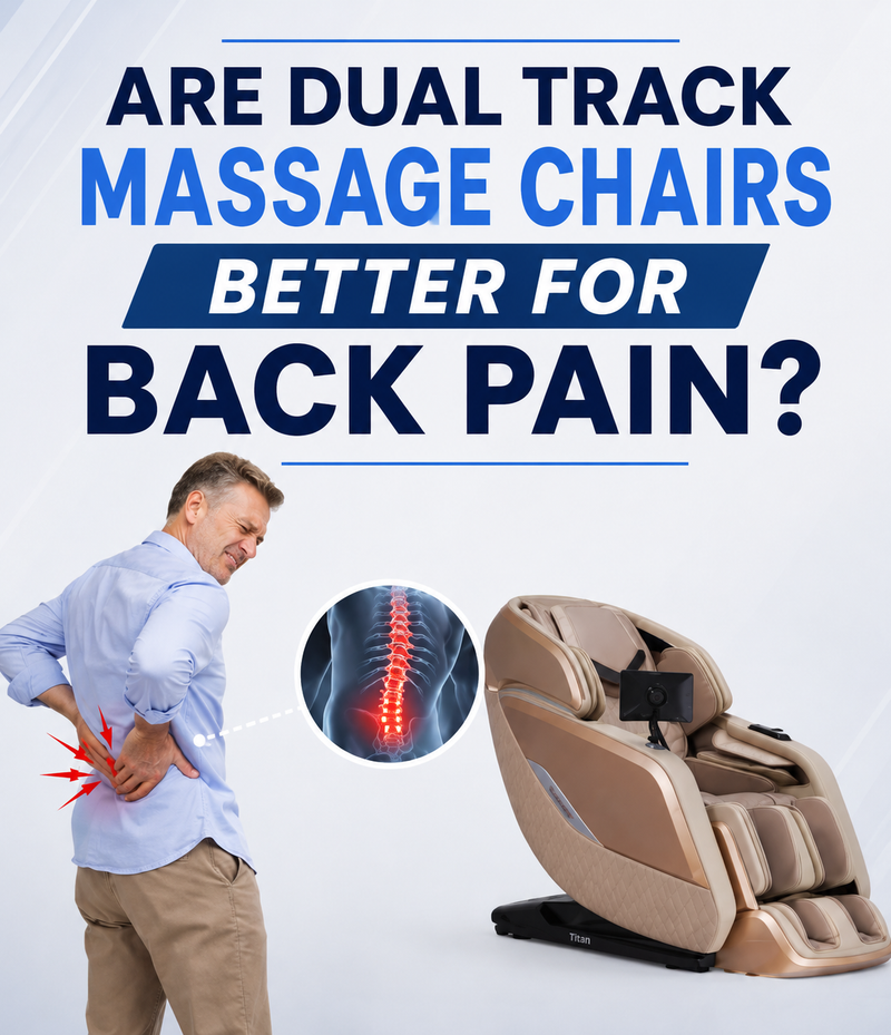 Are dual-track massage chairs better for back pain? Illustration showing lower back pain, spinal alignment, and a dual-track massage chair designed for extended massage coverage.