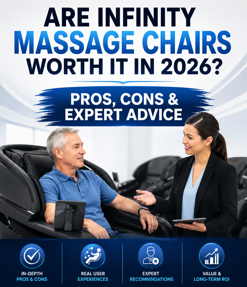 Advertisement about infinity massage chairs with a man and woman in a massage chair, text overlay, and icons.