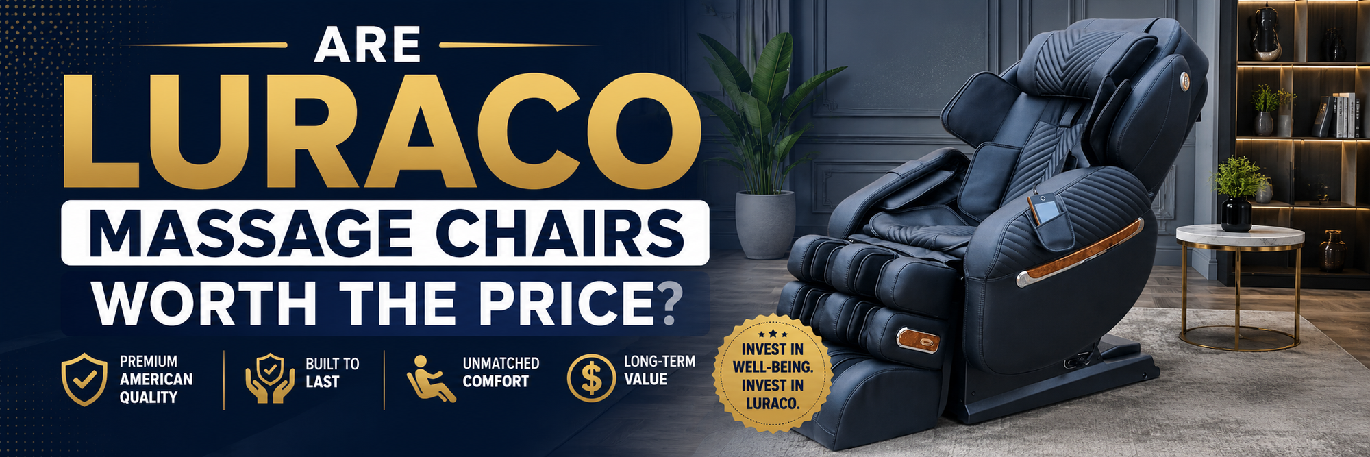 Luraco i9 Medical massage chair in black displayed in a luxury living room for an article titled 'Are Luraco Massage Chairs Worth the Price?' highlighting premium American-made craftsmanship and long-term value.