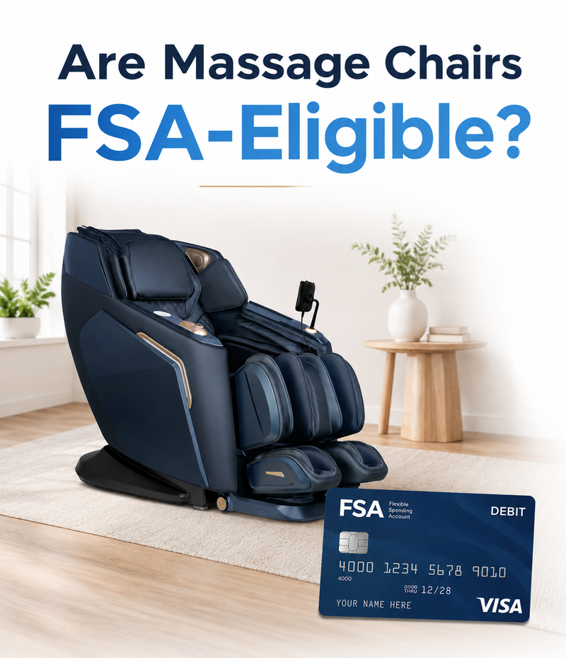 Modern navy massage chair and FSA debit card beneath the headline "Are Massage Chairs FSA-Eligible?" displayed in a clean, contemporary home setting.