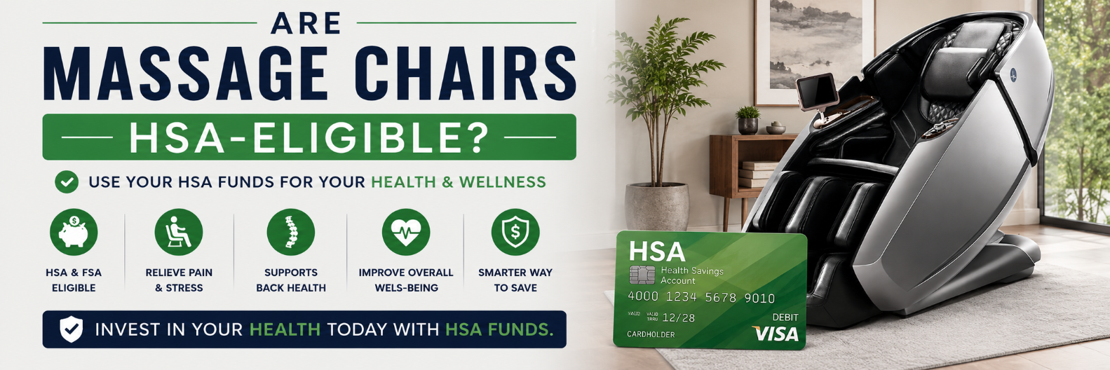 Luxury massage chair displayed beside a green HSA card, illustrating how HSA funds may be used toward qualifying massage chair purchases for health and wellness.