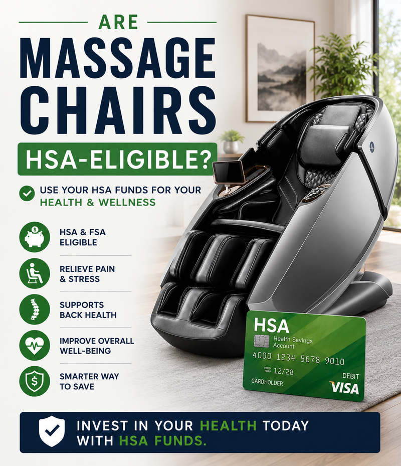 Premium massage chair and green HSA card promoting information about HSA eligibility, health benefits, pain relief, and wellness-focused purchases.