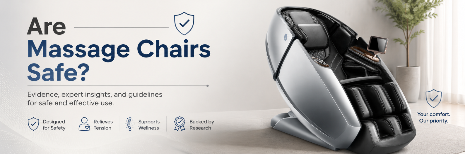 An informational banner with the headline 'Are Massage Chairs Safe?' on the left and a side-view photo of a modern massage chair on the right, set in a bright indoor room with a plant in the background.