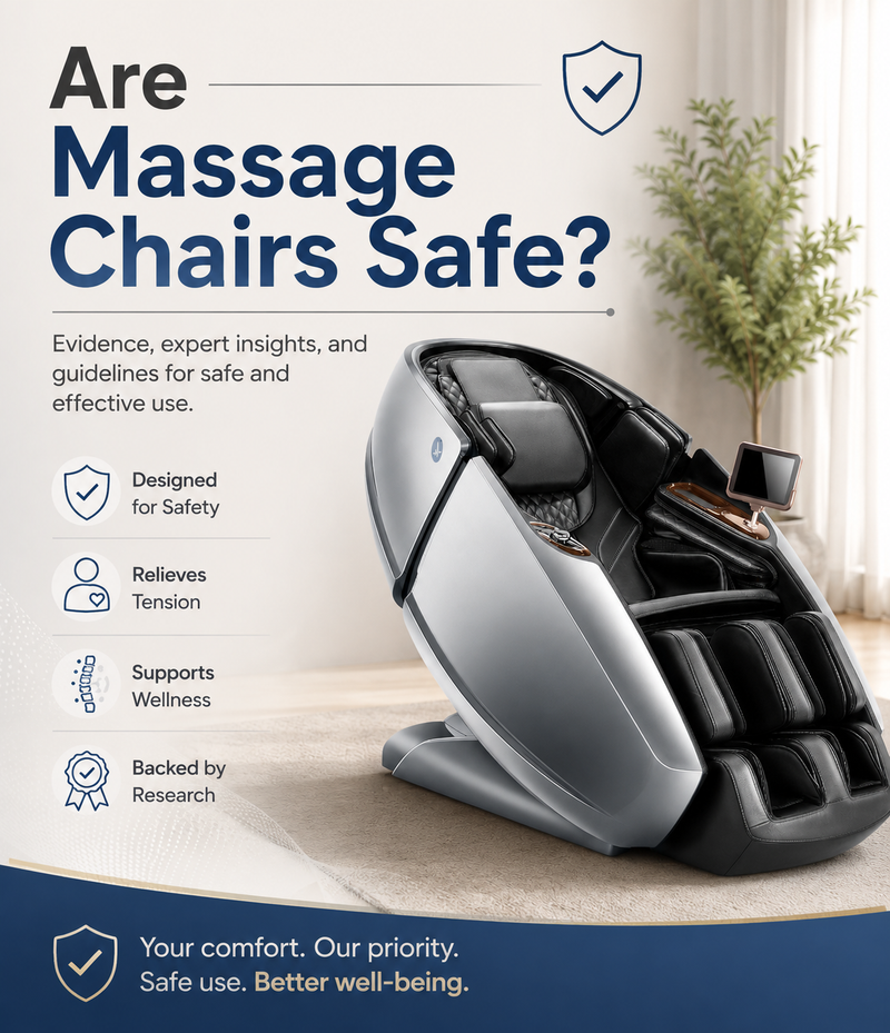 Promotional graphic for a modern massage chair in a home-like interior. Large headline text asks, 'Are Massage Chairs Safe?' with supporting bullet points about safety, tension relief, wellness support, and research backing.