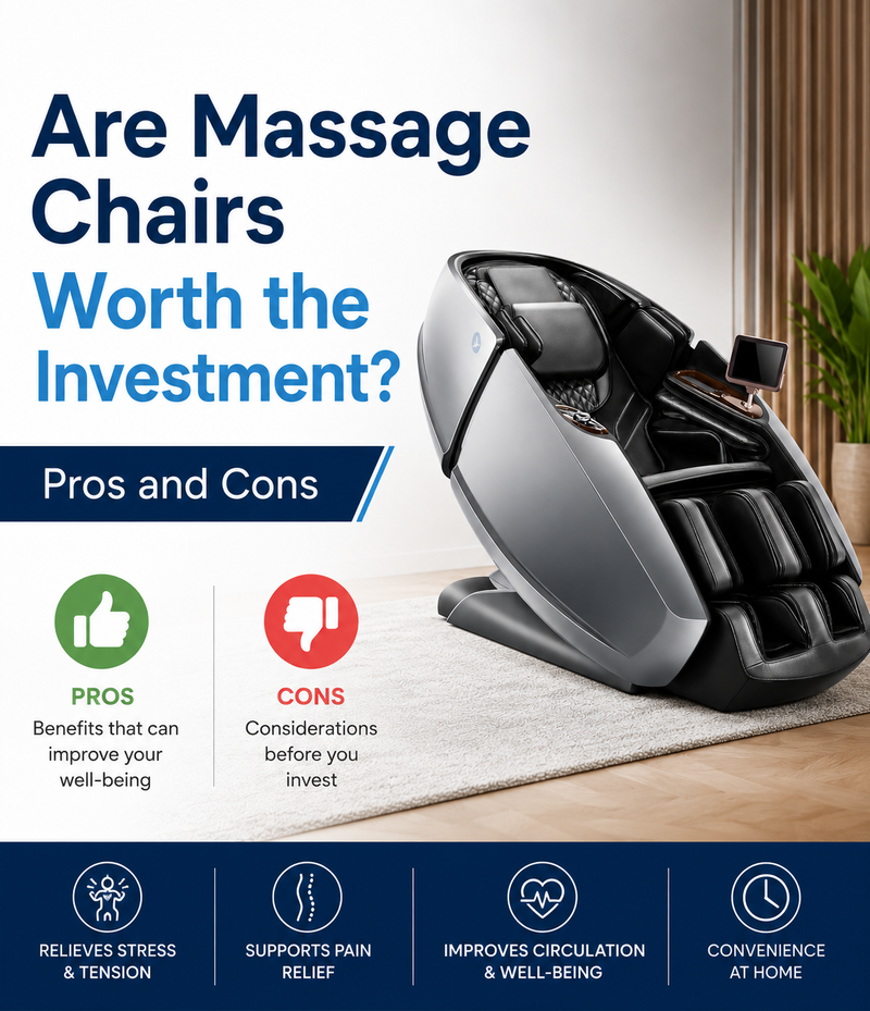 Mobile banner illustrating the benefits and drawbacks of owning a massage chair, featuring a premium full-body massage chair and wellness icons.
