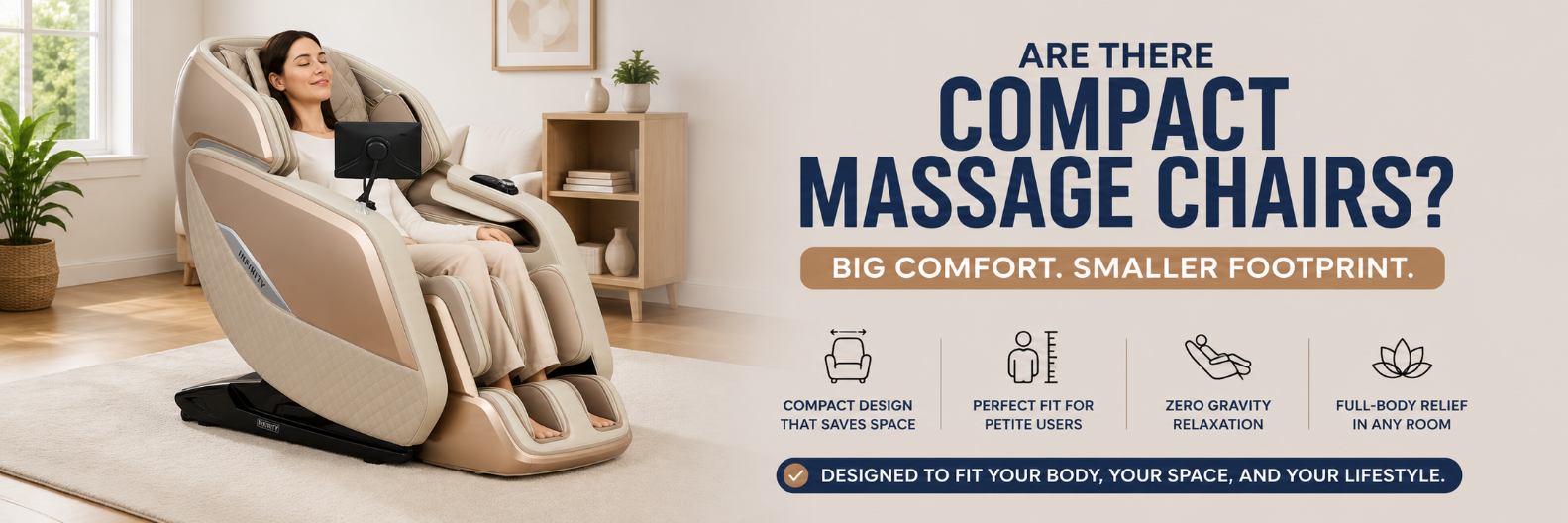 Compact massage chair with a petite user enjoying full-body relaxation in a space-saving design ideal for smaller homes.