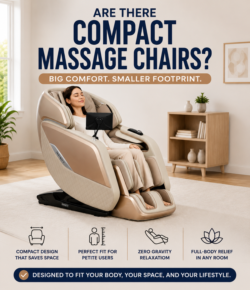 Petite user enjoying a compact massage chair that combines full-body comfort with a smaller footprint for modern living spaces.