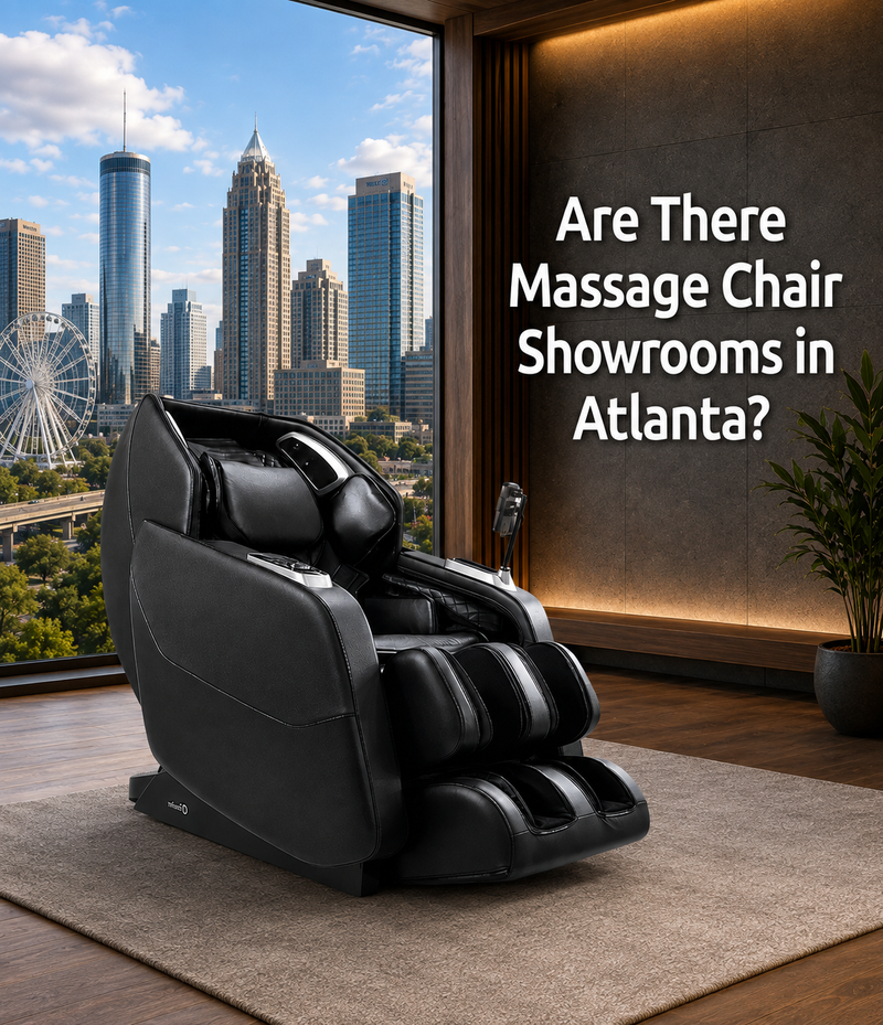 Customer trying a premium Daiwa massage chair at The Modern Back's Atlanta massage chair showroom with expert assistance.