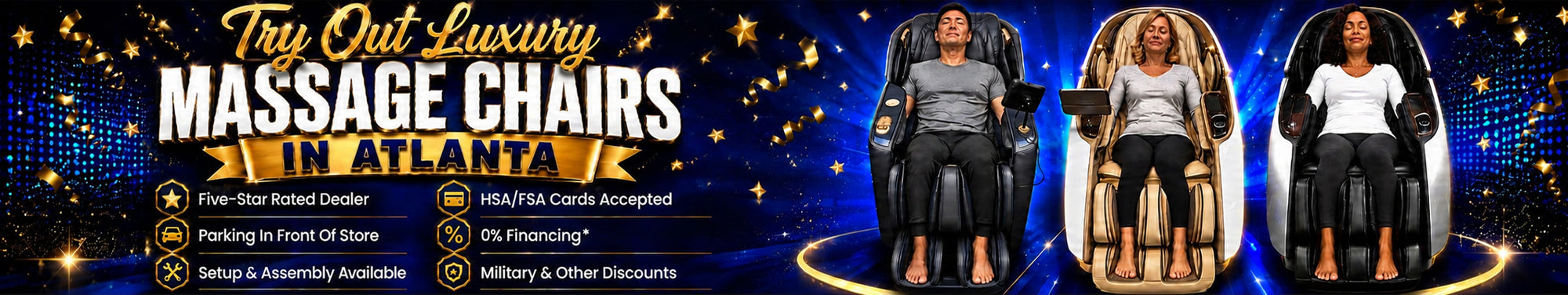 Promotional banner for massage chairs in Atlanta, featuring three people seated in different massage chair models against a dark blue glittery background with gold text reading 'Try Out Luxury Massage Chairs in Atlanta'.