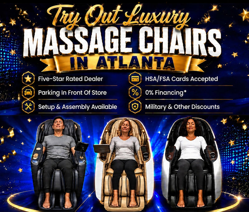 Promotional graphic for luxury massage chairs in Atlanta, featuring three women seated in different massage chair models against a dark blue starry background with text highlighting features like five-star rated dealer, parking in front of store, 0% financing, and setup and assembly available.
