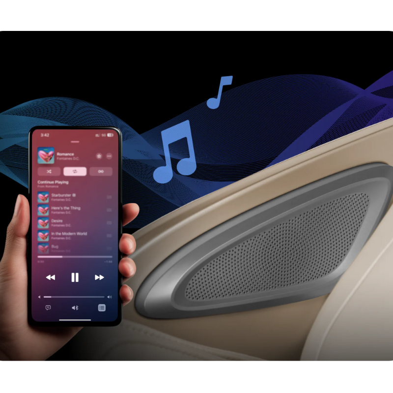 Osaki 4D Achilles massage chair with built-in Bluetooth speakers for immersive audio while relaxing.