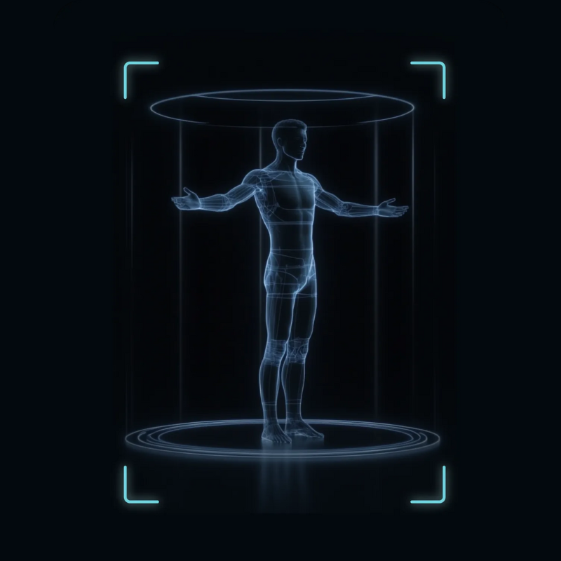 Visualization of the Trion Flex Duo’s full-body scan technology detecting body shape and size to adjust massage rollers for a customized fit.