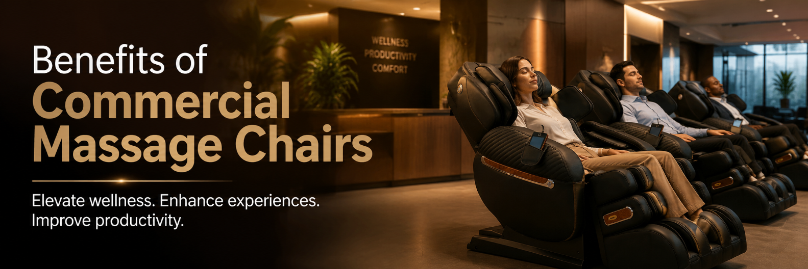 People using commercial massage chairs in a modern office setting with promotional text about the benefits of massage chairs.