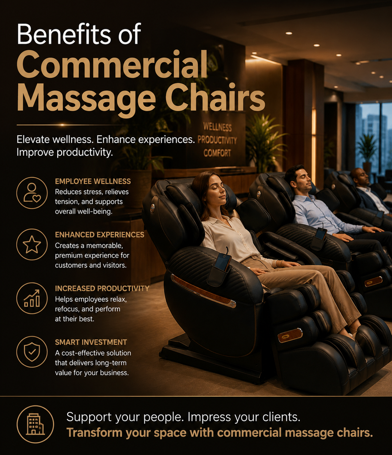 Commercial massage chairs in a modern office setting with text highlighting benefits.