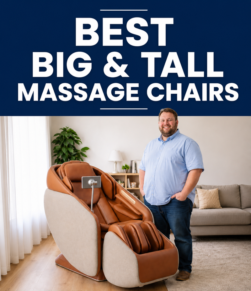 A man stands next to a large brown and beige massage chair in a living room setting, with a dark blue banner at the top reading 'BEST BIG & TALL MASSAGE CHAIRS'.