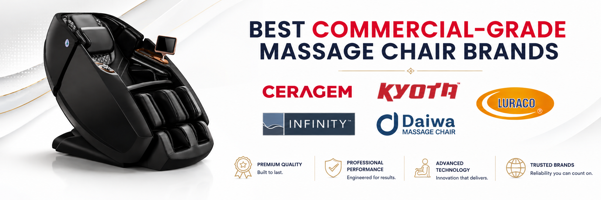 A black commercial-grade Daiwa Supreme Hybrid massage chair shown on a white promotional banner with text reading 'BEST COMMERCIAL-GRADE MASSAGE CHAIR BRANDS' and logos for Ceragem, Kyota, Daiwa, Luraco, and Infinity.