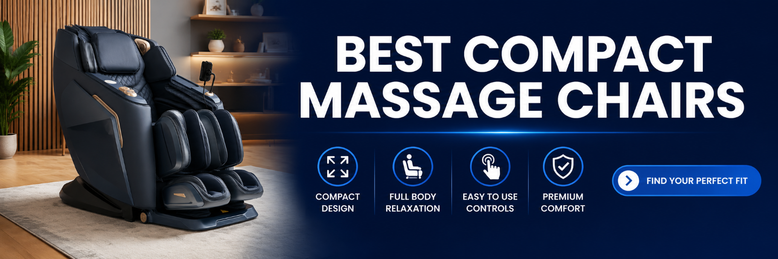 A compact black massage chair shown in a modern interior setting, with large text reading 'BEST COMPACT MASSAGE CHAIRS' and feature icons below on a dark blue background.
