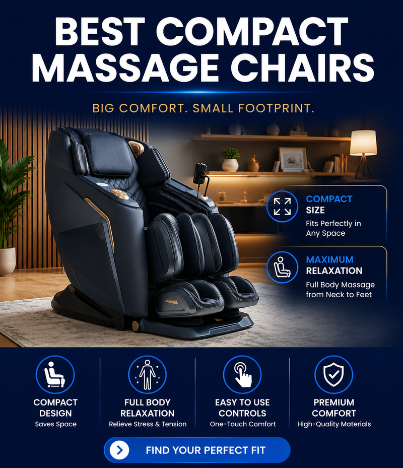 A dark compact massage chair shown in a styled home interior scene with promotional text reading 'BEST COMPACT MASSAGE CHAIRS' and feature callouts about compact size and full-body relaxation.