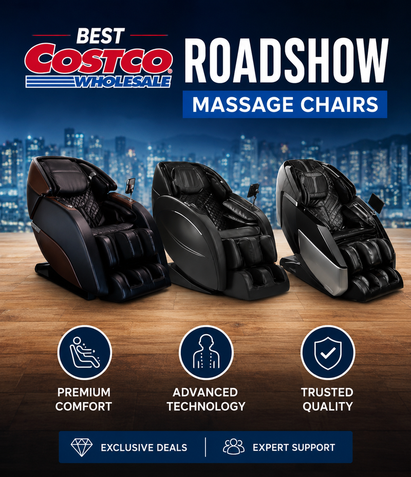 Mobile banner for “Best Costco Roadshow Massage Chairs” featuring three luxury massage chairs in a modern showroom with city skyline background.
