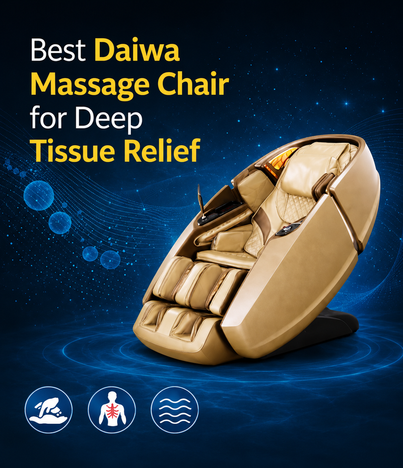 Daiwa Supreme Hybrid massage chair delivering deep tissue massage, full-body stretch therapy, and customizable massage programs for personalized pain relief and home wellness.