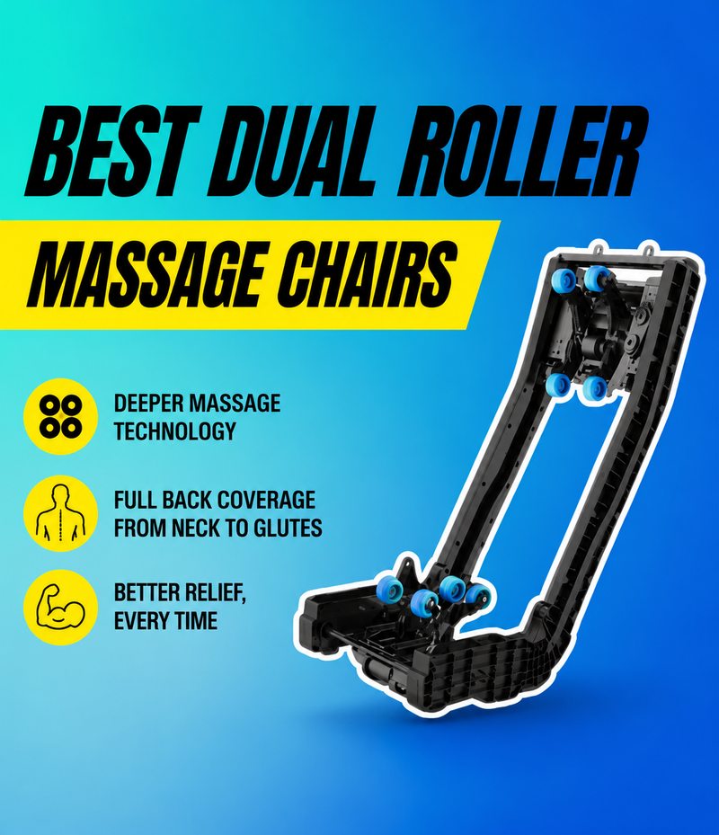 Mobile infographic titled "Best Dual Roller Massage Chairs" featuring a dual roller massage chair track system with icons highlighting deeper massage technology, full back coverage from neck to glutes, and improved muscle relief.