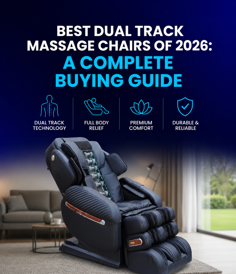 Promotional mobile banner for the "Best Dual Track Massage Chairs of 2026: A Complete Buying Guide" article, featuring a modern luxury dual-track massage chair.