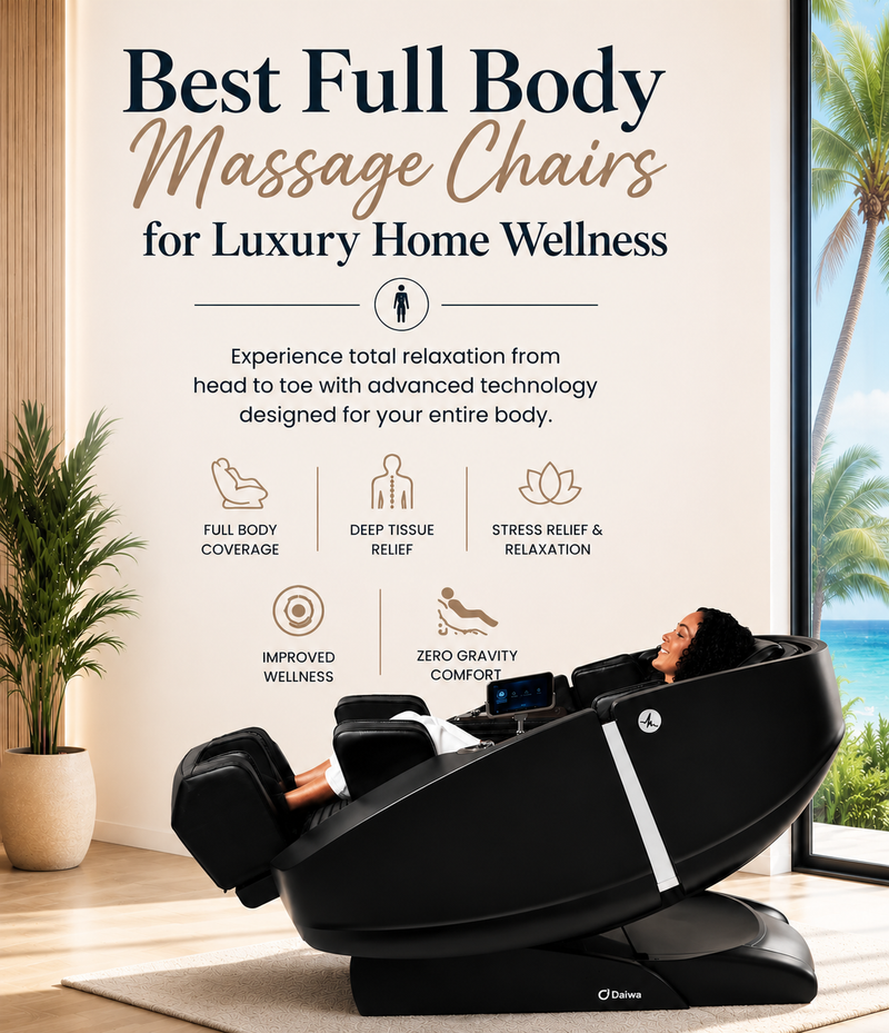Luxury full body massage chair in a modern spa-inspired interior featuring zero gravity comfort, deep tissue relief, stress relaxation, and advanced wellness technology for complete home recovery.
