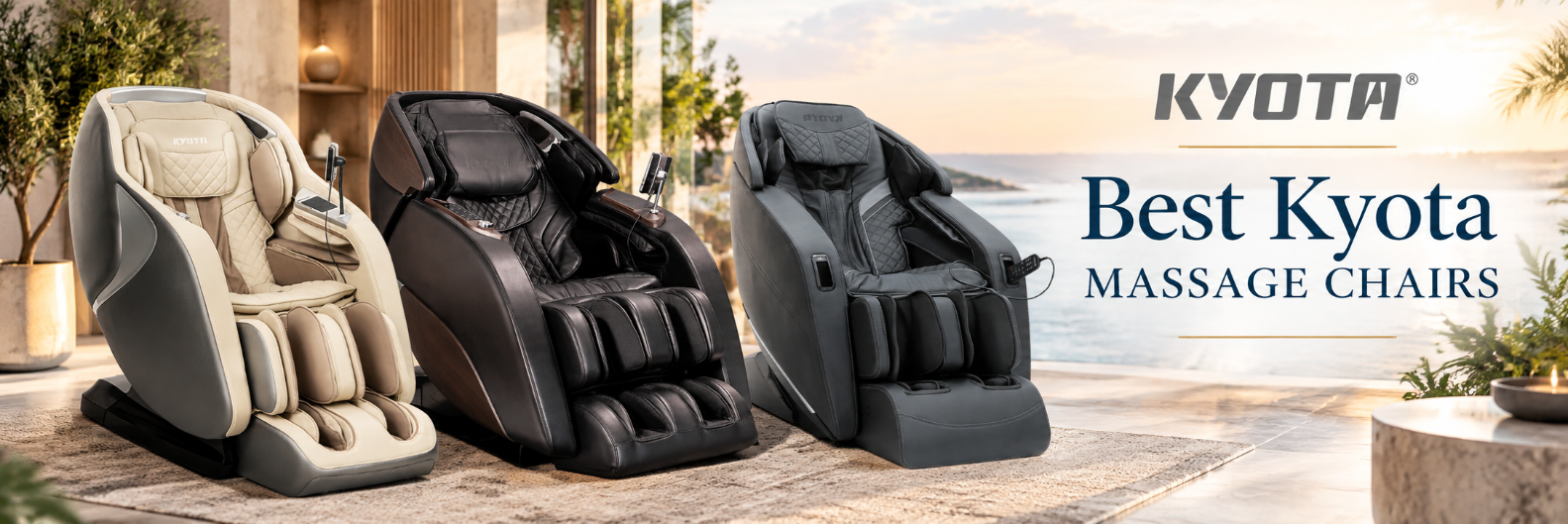 Three Kyota massage chairs displayed in a luxury waterfront setting for the Best Kyota Massage Chairs guide.