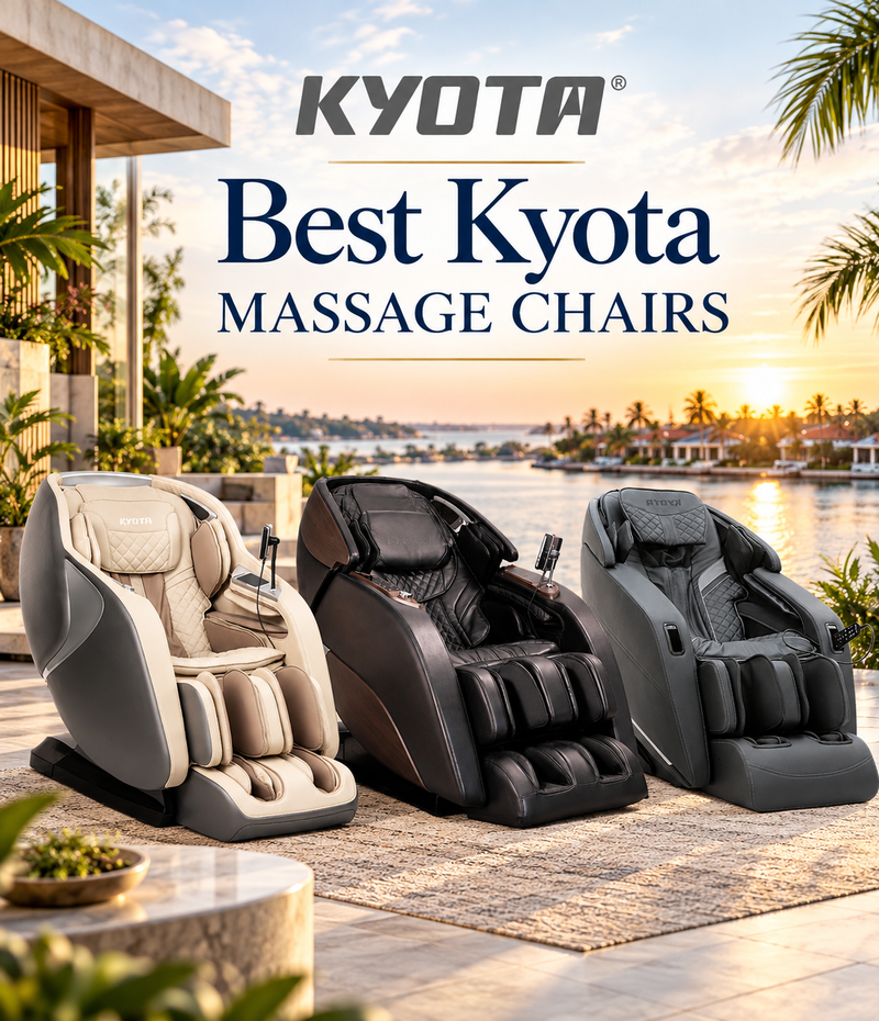 Luxury Kyota massage chairs displayed together in a relaxing waterfront home setting.