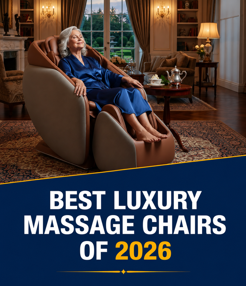 A woman in a blue robe relaxes in a large brown and beige massage chair in a luxurious living room. A dark blue banner at the bottom reads 'BEST LUXURY MASSAGE CHAIRS OF 2026' in white and yellow text.