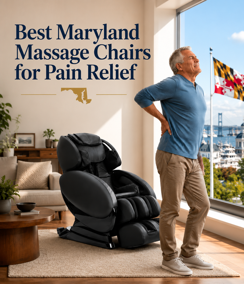 Luxury Daiwa massage chairs on display at The Modern Back's Maryland showroom, helping customers find the best massage chair for pain relief.