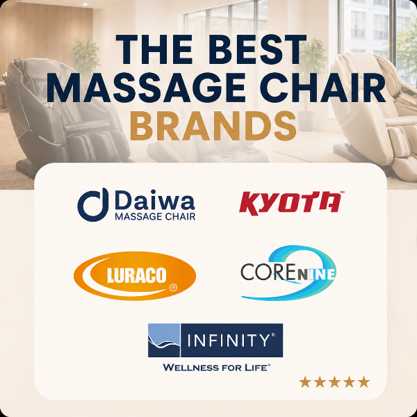 Premium massage chair brand logos with text ‘The Best Massage Chair Brands’ in a modern setting.