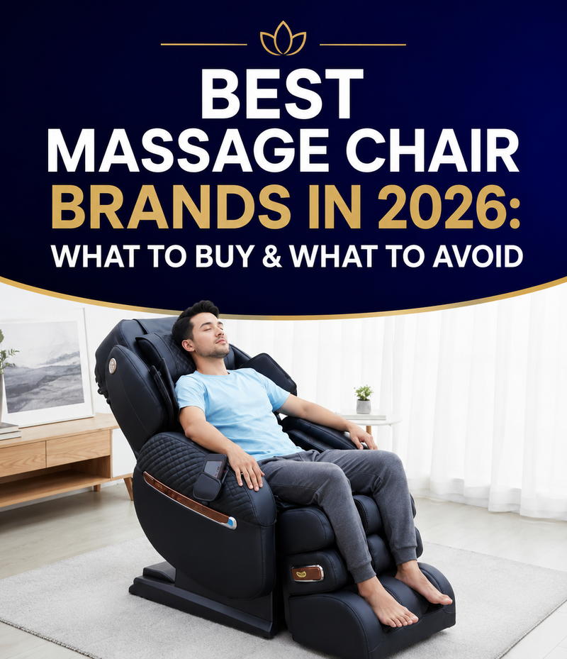A man reclines in a black massage chair in a bright living room, with a large dark blue text banner at the top reading 'BEST MASSAGE CHAIR BRANDS IN 2026: WHAT TO BUY & WHAT TO AVOID'.