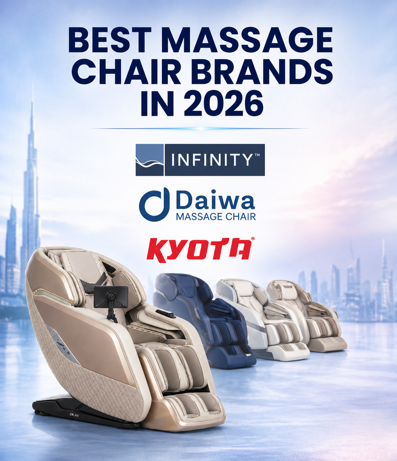 Best massage chair brands in 2026 featuring Infinity, Daiwa, and Kyota massage chairs in a modern showroom setting.