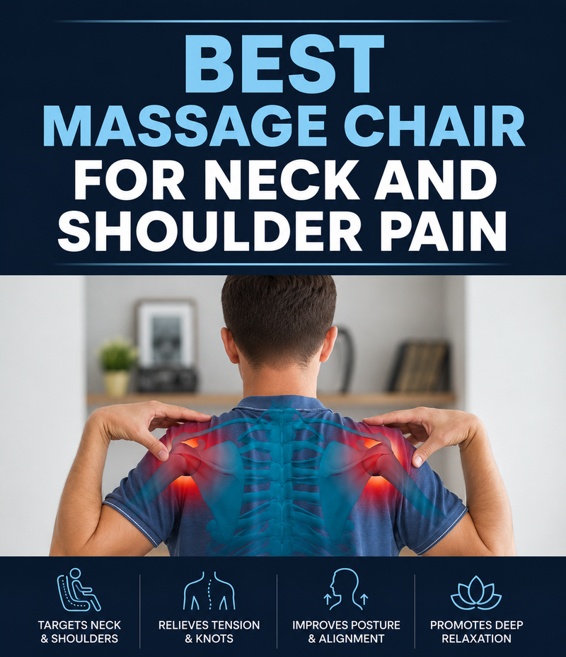 Promotional graphic for a massage chair, featuring large text reading 'BEST MASSAGE CHAIR FOR NECK AND SHOULDER PAIN' above a photo of a man seen from behind with highlighted neck and shoulder pain. A dark blue banner at the bottom lists benefits such as targeting neck and shoulders, relieving tension and knots, improving posture and alignment, and promoting deep relaxation.