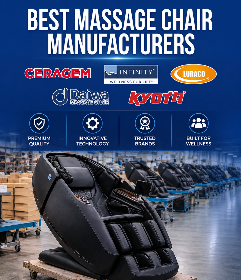 A black massage chair displayed in a warehouse setting, with a blue promotional header at the top reading 'BEST MASSAGE CHAIR MANUFACTURERS' and logos for Ceragem, Infinity, Luraco, Daiwa, and Kyloth.