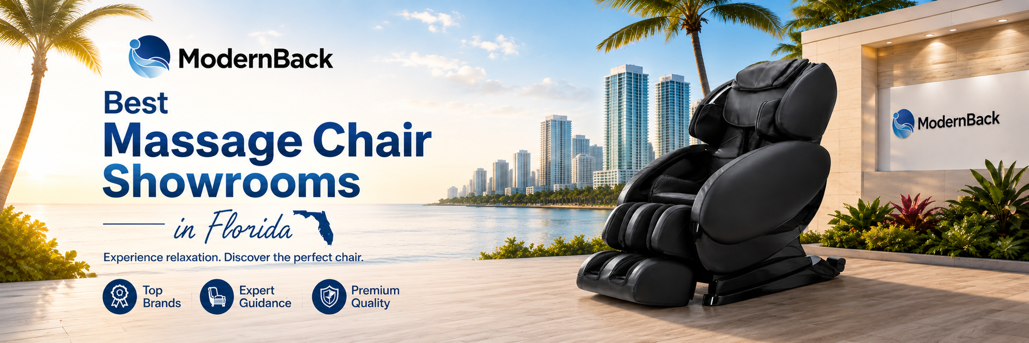 Shoppers comparing top-rated luxury massage chairs at a Florida massage chair showroom with multiple premium brands on display.
