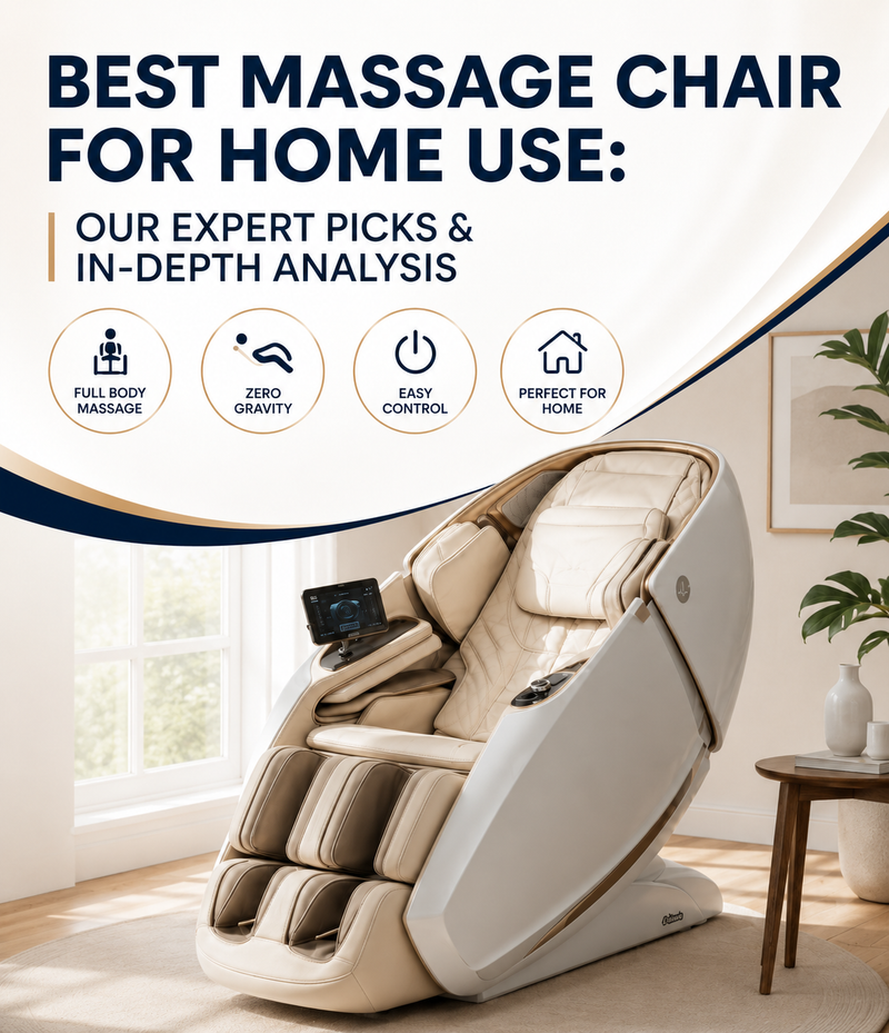 Mobile banner for “Best Massage Chair for Home Use” featuring a luxury home massage chair with full-body massage and zero gravity relaxation features.