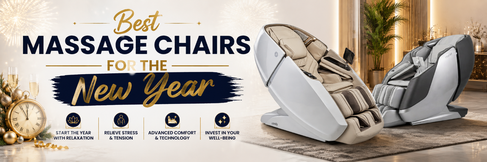 Promotional banner for massage chairs featuring two modern massage chairs on a decorated New Year background with text reading 'Best MASSAGE CHAIRS FOR THE New Year'.
